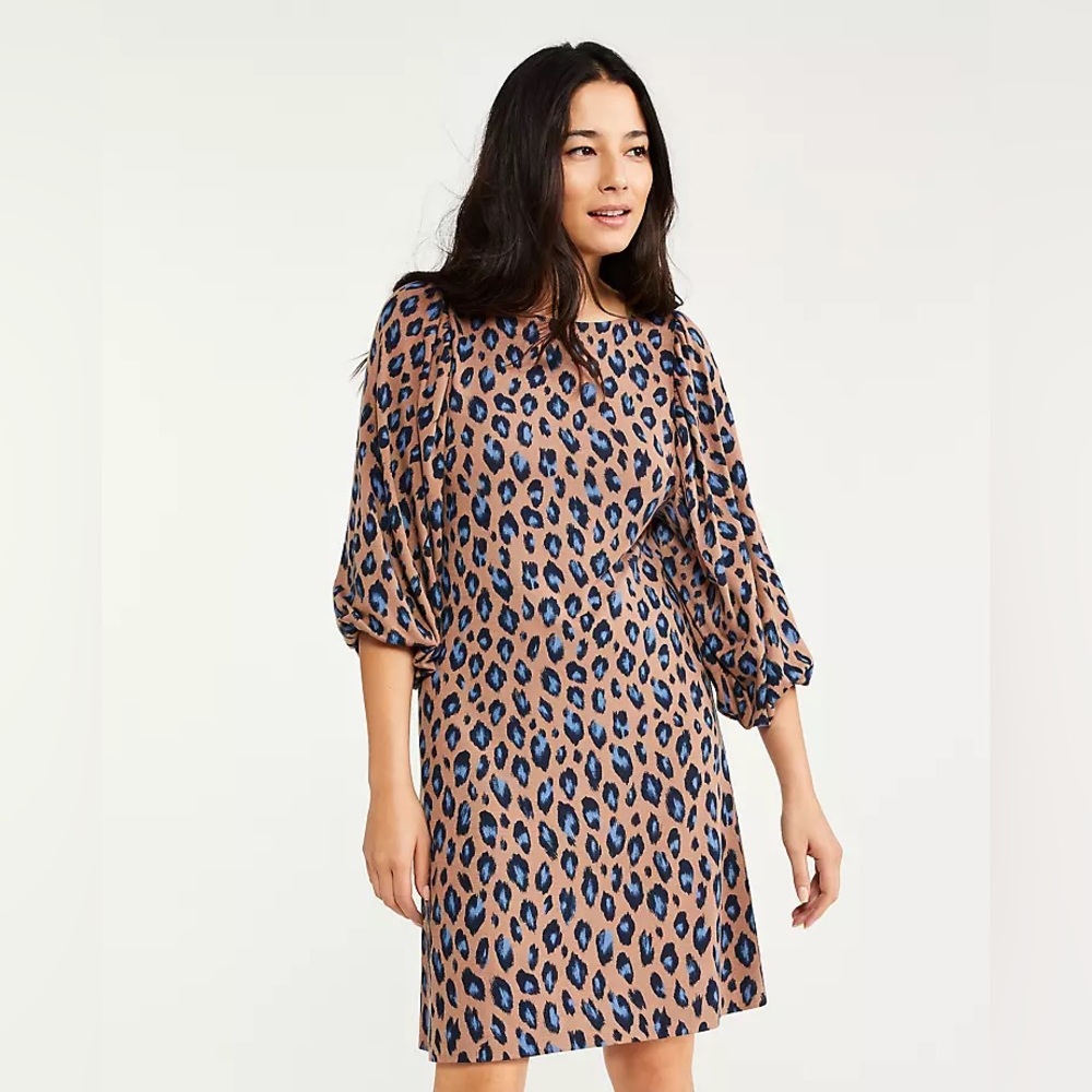 Ann Taylor Brown Leopard Print Sheath Dress with Long Bishop Sleeves